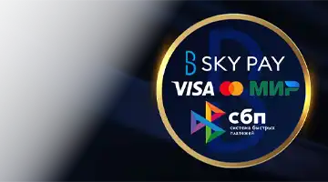 Изображение популярных платежных логотипов, таких как Visa, Mastercard и МИР, а также Sky Pay, подчеркивающее гибкость платежей в Онлайн-казино Lev.